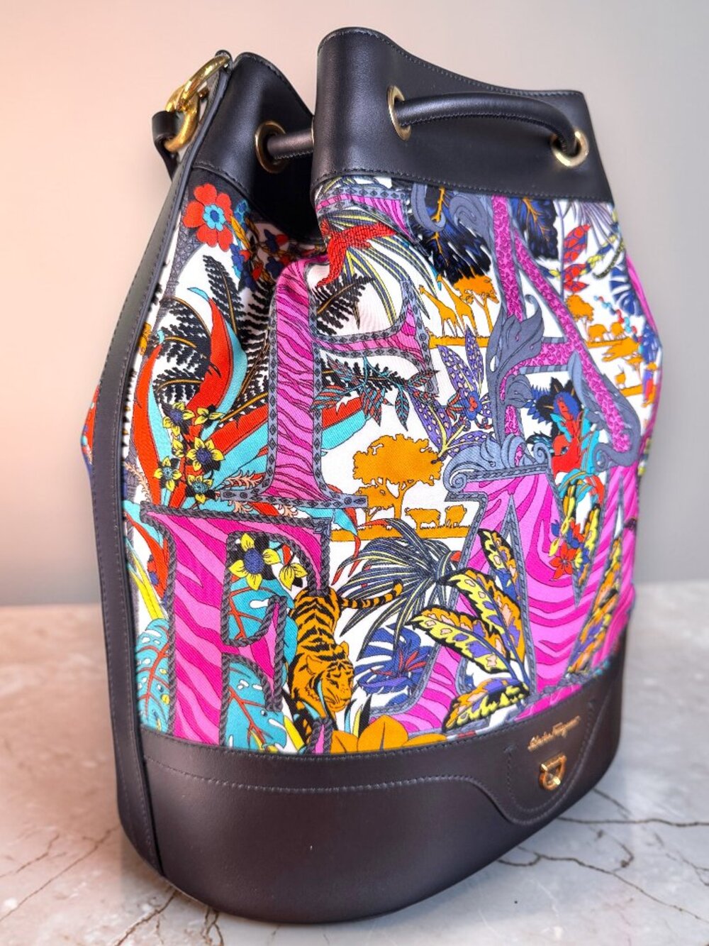 Salvatore Ferragamo Gancini Safari Nylon & Leather Bucket Backpack with BOX  NEW - Picture 6 of 17